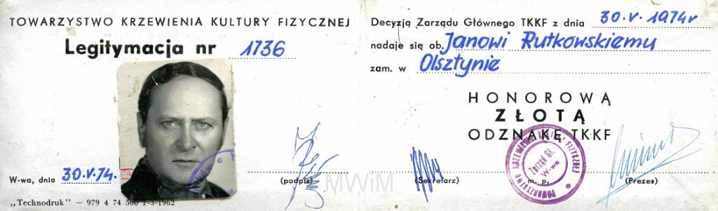 KKE 3263-2.jpg - Legitymacja Towarzystwa Krzewienia Kultury Fizycznej "Złota odznaka", Jana Rutkowskiego, Warszawa, 1974 r.